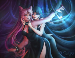 2girls arm_up artist_name bishoujo_senshi_sailor_moon black_dress black_hair black_lady_(sailor_moon) breasts chibi_usa darkness double_bun dress earrings hair_bun hug hug_from_behind jewelry kgfantasy lips long_hair long_sleeves magic makeup medium_breasts mistress_9 multiple_girls nail_polish patreon_username pearls pink_hair purple_eyes red_eyes sailor_chibi_moon sailor_moon star_(symbol) villains watermark web_address yuri