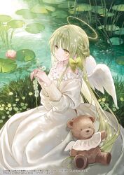 Rule 34 | 1girl, absurdres, angel, angel wings, bow, closed mouth, cover, cover image, dress, feathered wings, flower, green bow, green hair, halo, hanekoto, highres, long dress, long hair, long sleeves, lotus, novel illustration, official art, otonari no tenshi-sama ni itsu no mani ka dame ningen ni sarete ita ken, shiina mahiru (otonari no tenshi-sama), sitting, smile, stuffed animal, stuffed toy, teddy bear, white dress, white wings, wings