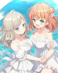 2girls :d absurdres alternate_costume aqua_eyes armpit_crease bare_shoulders blue_background blue_eyes blush braid breasts bun_with_braided_base ceras_yanagida_lilienfeld closed_mouth collarbone commentary cowboy_shot dress frilled_dress frills grey_hair hair_bun half_up_braid half_updo hanazora_satsuki highres hinoshita_kaho holding_hands interlocked_fingers large_breasts link!_like!_love_live! long_hair looking_at_viewer love_live! multiple_girls off-shoulder_dress off_shoulder open_mouth orange_hair short_dress single_side_bun smile spaghetti_strap split_mouth virtual_youtuber white_dress