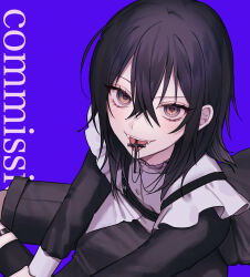Rule 34 | ambiguous gender, black hair, black shirt, black shorts, blue eyes, blush, commentary request, commission, cross, cross in mouth, cross necklace, fangs, frills, from above, hair between eyes, highres, jewelry, kumo tabetai, long hair, looking at viewer, multicolored eyes, necklace, open mouth, original, purple background, shirt, shorts, simple background, sitting, solo, teeth, tongue, tongue out, upper teeth only, yellow eyes