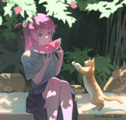 1girl black_skirt bocchi_the_rock! cat cube_hair_ornament dappled_sunlight day food fruit gotoh_hitori grey_shirt hair_ornament highres holding holding_food long_hair one_side_up outdoors pink_hair shirt sitting skirt solo sunlight watermelon watermelon_slice yukkuri_(user_ffuh5727)