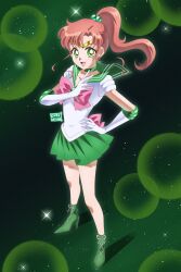 1girl bishoujo_senshi_sailor_moon boots bow brown_hair choker circlet cure_nico earrings elbow_gloves gloves gold_circlet green_boots green_choker green_eyes green_sailor_collar green_skirt hair_bobbles hair_ornament highres inner_senshi jewelry long_hair magical_girl pink_bow ponytail sailor_collar sailor_jupiter sailor_senshi sailor_senshi_uniform skirt smile solo white_gloves