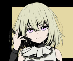 1girl bang_dream! bang_dream!_it&#039;s_mygo!!!!! black_mask blonde_hair closed_mouth commentary doloris_(bang_dream!) hair_between_eyes hand_up highres holding holding_mask liya_(yosoro2016) long_hair long_sleeves mask masquerade_mask medium_hair misumi_uika purple_eyes solo unworn_mask upper_body yellow_background