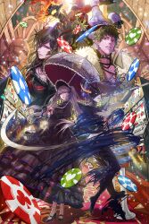 3girls 4boys armlet ascot barefoot black_collar black_dress black_gloves black_hair black_shoes black_skin blue_skin blunt_bangs breasts brown_hair casino character_request cleavage closed_mouth coat collar collarbone colored_skin commentary confetti dress dungeon_and_fighter facial_hair fiery_hair fingerless_gloves fishnet_thighhighs fishnets frilled_ascot frilled_headwear frills full_body fur_trim gem gloves green_eyes grey_skin grey_vest hair_ornament hat highres holding holding_staff holding_umbrella horns indoors jewelry long_hair looking_at_viewer looking_to_the_side mask medium_breasts monster_girl mouth_mask multiple_boys multiple_girls muscular muscular_male mustache open_mouth orange_eyes orange_hair orange_horns pants parted_lips pectoral_cleavage pectorals pink_skin pointy_ears poker_chip purple_ascot purple_eyes purple_hair purple_skin purple_umbrella reaching red_coat red_eyes red_gemstone red_hat respirator sharp_teeth shoes short_hair sparkle spiked_collar spikes staff teeth thighhighs twintails umbrella upper_body ven0305 vest yellow_eyes yellow_pants