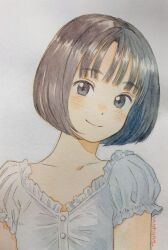 1girl black_hair blunt_bangs bob_cut buttons closed_mouth collarbone frilled_shirt_collar frilled_sleeves frills graphite_(medium) grey_eyes head_tilt highres light_blush looking_at_viewer original painting_(medium) puffy_short_sleeves puffy_sleeves shinomiya_nanase shirt short_sleeves signature smile traditional_media upper_body watercolor_(medium) white_background white_shirt