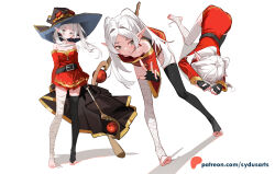 Rule 34 | 1girl, bandaged leg, bandages, bare shoulders, belt, black belt, black hat, black thighhighs, breasts, cosplay, dress, earrings, elf, frieren, hat, holding, holding staff, jewelry, kono subarashii sekai ni shukufuku wo!, long sleeves, megumin, megumin (cosplay), multiple views, off shoulder, pointy ears, red dress, small breasts, sousou no frieren, staff, sydus, thighhighs, top-down bottom-up, watermark, web address, witch hat