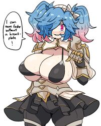 1girl armor black_bra black_skirt blue_hair blush bra breasts cleavage commentary commission cowboy_shot english_commentary english_text fire_emblem fire_emblem_fates gloves gradient_hair highres huge_breasts looking_at_viewer multicolored_hair nintendo notnoe_(dxcl) peri_(fire_emblem) pink_eyes pink_hair simple_background skindentation skirt solo speech_bubble sweat twintails underwear white_background