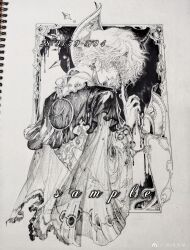 Rule 34 | 1girl, absurdres, animal print, blood, blood drip, bow (weapon), bracelet, butterfly print, cape, capelet, chinese commentary, closed eyes, closed mouth, commentary request, cropped torso, dated, earrings, expressionless, eyelashes, floral print, flower earrings, frilled capelet, frills, from behind, greyscale, highres, holding, holding bow (weapon), holding weapon, jewelry, liangyi yuehua, lips, long sleeves, looking back, making-of available, monochrome, nib pen (medium), original, outside border, pen (medium), photo (medium), picture frame, puffy long sleeves, puffy sleeves, sample watermark, see-through cape, shirt, short hair, solo, traditional media, watermark, weapon, weibo watermark