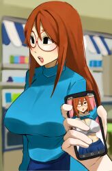 1girl :d ;d breasts cellphone cellphone_photo clothes_lift glasses hair_between_eyes highres holding holding_phone juxtaposition kindergarten_teacher large_breasts lips mature_female medium_breasts one_eye_closed open_mouth phone simple_background smartphone smile solo taking_picture teacher