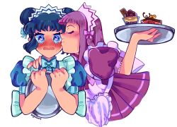 Rule 34 | 2girls, aizawa mint, apron, aqua apron, aqua bow, back bow, bare arms, blue bow, blue bowtie, blue dress, blue hair, blush, bow, bowtie, closed eyes, collared dress, cropped legs, cropped torso, double bun, dress, eyelashes, flustered, food, frilled apron, frills, fujiwara zakuro, hair bow, hair bun, hand on another&#039;s shoulder, heart, heart-shaped pupils, high collar, highres, holding, holding tray, ice cream cone, kiss, kissing cheek, lace, lace-trimmed dress, lace trim, large bow, long hair, maid, maid headdress, multiple girls, nervous sweating, nostrils, open mouth, parfait, pleated dress, pointy nose, puffy short sleeves, puffy sleeves, purple apron, purple bow, purple bowtie, purple dress, purple hair, purple pupils, short dress, short hair, short sleeves, sidelocks, simple background, straight hair, sugoigrove, sweat, symbol-shaped pupils, tearing up, tiramisu, tokyo mew mew, tray, waffle cone, wavy mouth, white background, wide-eyed, yuri