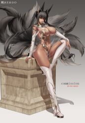 Rule 34 | 1girl, absurdres, animal ears, artist name, black hair, blue eyes, boots, breasts, commentary, dark-skinned female, dark skin, elbow gloves, english commentary, facial mark, fox ears, fox girl, fox tail, full body, gloves, grey background, heart, heart facial mark, heart tattoo, high heel boots, high heels, highres, knee boots, large breasts, leaning back, long hair, looking at viewer, louu heroo, navel, open mouth, original, parted lips, simple background, smile, solo, standing, standing on one leg, tail, tattoo, thighs, twintails, white boots, white gloves