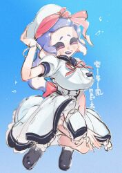 1girl black_shoes blue_eyes blue_tongue breasts closed_eyes colored_tongue doro_mizu_831 dress large_breasts nintendo octoling octoling_girl octoling_player_character open_mouth sailor_collar sailor_dress shoes socks solo splatoon_(series) tentacle_hair tongue waka-chan_(doro_mizu_831) white_socks