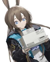 1girl amiya_(arknights) animal_ears arknights black_jacket blue_eyes box brown_hair closed_mouth clothes_writing commentary es-ther hair_between_eyes highres holding holding_box jacket jewelry long_hair long_sleeves looking_at_viewer multiple_rings open_clothes open_jacket rabbit_ears rabbit_girl ring simple_background solo symbol-only_commentary white_background