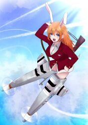 Rule 34 | 1girl, absurdres, animal ears, blue eyes, blush, breasts, charlotte e. yeager, cleavage, flying, gun, highres, jacket, kumi cure, large breasts, long hair, looking at viewer, open mouth, orange hair, outdoors, rabbit ears, rabbit girl, red jacket, rifle, sky, smile, solo, strike witches, striker unit, weapon, world witches series