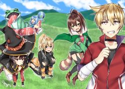 Rule 34 | 1boy, 4girls, animal, aqua (konosuba), aqua hair, arm warmers, bandages, bandaged arm, bandaged leg, bandages, black gloves, black legwear, blonde hair, blue eyes, blush, bodysuit, boots, breasts, brown footwear, brown hair, buta tamako, choker, clenched teeth, cloud, cloudy sky, creature, darkness (konosuba), day, dust (konosuba), field, frog, fur collar, garter straps, giant toad, gloves, green eyes, hair bobbles, hair ornament, hair rings, hairclip, hat, highres, jacket, kneeling, kono subarashii sekai ni shukufuku wo!, large breasts, lean (konosuba), megumin, miniskirt, mole, mole under eye, multiple girls, open mouth, oversized animal, ponytail, raccoon tail, red eyes, running, saliva, short hair, single thighhigh, skirt, sky, sleeveless, small breasts, tail, teeth, thighhighs, toad (animal), torn bodysuit, torn clothes, wet, witch hat