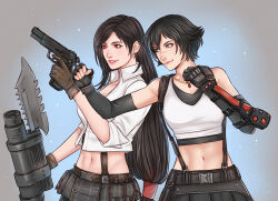 Rule 34 | 2girls, black hair, black undershirt, brown gloves, cosplay, costume switch, crossover, crylin6, devil may cry, devil may cry (series), devil may cry 3, final fantasy, final fantasy vii, final fantasy vii remake, gloves, green eyes, gun, handgun, heterochromia, highres, holding, holding gun, holding weapon, jewelry, kalina ann (weapon), lady (devil may cry), lady (devil may cry) (cosplay), long hair, midriff, multiple girls, navel, necklace, red eyes, rocket launcher, short hair, skirt, smile, suspender skirt, suspenders, tifa lockhart, tifa lockhart (cosplay), weapon