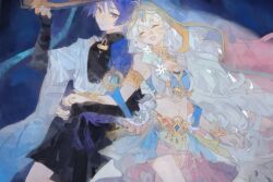 Rule 34 | 1boy, 1girl, arm at side, arm guards, armlet, armor, artist request, black bodysuit, black bridal gauntlets, black shorts, blue background, blue cape, blue gemstone, blue hat, blue skirt, blue tube top, blue veil, blunt ends, blush, bodysuit, braid, bridal gauntlets, cape, chain, circlet, closed eyes, closed mouth, commission, commissioner insert, detached collar, eyelashes, eyeliner, eyeshadow, facing viewer, flower, gem, genshin impact, gold, gold chain, gold circlet, gold collar, hair between eyes, hair flower, hair ornament, hair tubes, hand up, happy, harem outfit, hat, hayami momo (hayamimomo), hetero, highres, japanese armor, japanese clothes, jewelry, jingasa, kimono, kote, kurokote, long hair, looking at another, makeup, middle eastern architecture, midriff, navel, open clothes, open kimono, open mouth, original, pink veil, purple hair, purple rope, red eyeliner, red eyeshadow, rope, scaramouche (genshin impact), short sleeves, shorts, shoulder peek, showgirl skirt, side braid, single braid, skirt, smile, strapless, tassel, teeth, tsurime, tube top, two-tone veil, upper teeth only, veil, very long hair, wanderer (genshin impact), watercolor effect, white flower, white hair, white kimono, white shorts, white sleeves