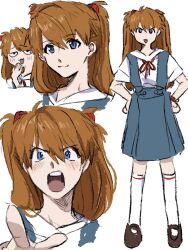 1girl artist_request blue_eyes breasts brown_hair chibi disgust highres index_finger_raised long_hair multiple_views neon_genesis_evangelion open_mouth school_uniform simple_background skirt smile source_request souryuu_asuka_langley standing suspender_skirt suspenders tokyo-3_middle_school_uniform tsundere v very_long_hair