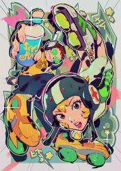 Rule 34 | 1boy, 1girl, beat (jsr), black pants, blonde hair, bottle, brown eyes, brown hair, datcravat, goggles, graffiti, green-tinted eyewear, green sleeves, gum (jsr), headphones, helmet, highres, holding, hood, hood up, inline skates, jacket, jet set radio, looking at viewer, open mouth, pants, raglan sleeves, roller skates, sega, shirt, short hair, skates, smile, sparkle, spray can, sunglasses, teeth, tinted eyewear, yellow shirt
