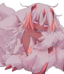 Rule 34 | 1girl, :/, animal ears, animal feet, animal hands, bare shoulders, closed mouth, commentary, dark-skinned female, dark skin, expressionless, extra arms, faputa, from side, hair between eyes, highres, long hair, looking to the side, made in abyss, marudoll, monster girl, multicolored hair, multiple tails, pink eyes, pink hair, simple background, solo, streaked hair, tail, two-tone hair, white background, white fur, white hair, white tail
