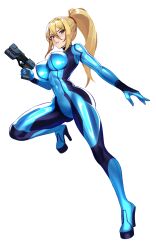 1girl blonde_hair blue_bodysuit blue_eyes bodysuit breasts closed_mouth full_body gun hand_up handgun high_heels high_ponytail highres holding holding_gun holding_weapon knee_up large_breasts long_hair looking_at_viewer metroid nintendo outstretched_arm plasma_pistol ponytail samus_aran simple_background skin_tight solo v-shaped_eyebrows very_long_hair volyz weapon zero_suit