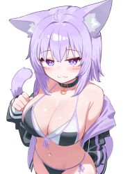1girl :3 absurdres ahoge alternate_costume animal_collar animal_ear_fluff animal_ears bikini black_bikini black_collar black_jacket breasts cat_ears cat_girl cat_tail cleavage collar commentary_request crossed_bangs double-parted_bangs front-tie_bikini_top front-tie_top hair_between_eyes hand_up highres hololive jacket large_breasts looking_at_viewer messy_hair multicolored_bikini navel nekomata_okayu off_shoulder open_clothes open_jacket purple_eyes short_hair side-tie_bikini_bottom simple_background solo stomach swimsuit tail verdey virtual_youtuber white_background white_bikini