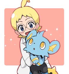 1boy :d ahoge blonde_hair blue_eyes blush clemont_(pokemon) coat commentary_request gen_4_pokemon glasses happy highres holding holding_pokemon long_sleeves male_focus nintendo open_mouth pink_background pokemon pokemon_(anime) pokemon_(creature) pokemon_xy_(anime) pokesumomo round_eyewear shinx smile sparkle tongue white_coat