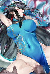 1boy 1girl arknights arm_behind_head black_hair blue_dress blue_skin breasts censored china_dress chinese_clothes clenched_teeth colored_extremities colored_skin covered_navel dragon_girl dragon_horns dragon_tail dress dusk_(arknights) dusk_(everything_is_a_miracle)_(arknights) earrings eastern_dragon_tail gradient_skin highres horns jewelry long_hair looking_at_viewer lying mosaic_censoring multicolored_hair nyamota official_alternate_costume on_back penis pointy_ears pov red_eyes sex sleeveless sleeveless_dress solo_focus streaked_hair sweat tail tassel tassel_earrings teeth vaginal wet