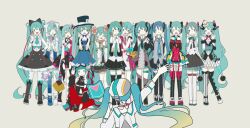 Rule 34 | 6+girls, :d, ^ ^, aqua bow, aqua eyes, aqua nails, aqua necktie, asymmetrical gloves, asymmetrical legwear, black bow, black gloves, black hat, black shoes, black skirt, black sleeves, blonde hair, blue gloves, blue hair, blue thighhighs, blush, boots, bow, closed eyes, collared dress, colored skin, commentary request, detached sleeves, dress, flag, full body, fur-trimmed gloves, fur trim, gloves, gradient hair, grey background, grey shirt, hair bow, hair ornament, hairclip, hat, hatsune miku, headset, highres, holding, holding flag, honomanbo, jacket, japanese clothes, kimono, long hair, long sleeves, looking at another, magical mirai (vocaloid), magical mirai miku, magical mirai miku (2013), magical mirai miku (2014), magical mirai miku (2015), magical mirai miku (2016), magical mirai miku (2017), magical mirai miku (2018), magical mirai miku (2019), magical mirai miku (2020 summer), magical mirai miku (2020 winter), magical mirai miku (2021), magical mirai miku (2022), magical mirai miku (2024), mini hat, mismatched gloves, mismatched legwear, multicolored hair, multicolored nails, multiple girls, nail polish, necktie, open mouth, pantyhose, pink gloves, pink nails, pink necktie, pleated skirt, shirt, shoes, single thighhigh, skirt, sleeveless, sleeveless dress, sleeveless shirt, smile, standing, striped clothes, striped thighhighs, thigh boots, thighhighs, top hat, twintails, very long hair, vocaloid, white gloves, white hat, white jacket, white pantyhose, white shirt, white shoes, white skin