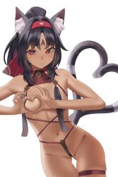 1girl :3 absurdres animal_ear_fluff animal_ears aragiken barcode bell black_hair black_panties cable cable_tail cat_ears cat_girl cat_tail closed_mouth covering_nipples covering_privates curtained_hair dark-skinned_female dark_skin facial_mark forehead_mark four-finger_heart_hands gluteal_fold hair_intakes hairband heart heart_hands high_ponytail highres jingle_bell looking_at_viewer mechanical_tail medium_hair micro_panties multiple_tails navel neck_bell nekomiya_mana panties ponytail red_eyes red_hairband revealing_clothes short_eyebrows simple_background skindentation solo stomach tail thick_eyebrows thigh_strap triangle triangle_facial_mark two_tails underwear white_background zenless_zone_zero