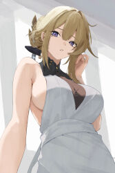 1girl :o armpit_crease blonde_hair blunt_bangs breasts clisapex dress evelyn_chevalier hair_between_eyes highres large_breasts looking_at_viewer mole mole_under_eye purple_eyes sideboob sideless_dress solo white_dress zenless_zone_zero