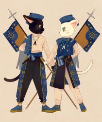 Rule 34 | 2others, banner, beige background, beige sweater, black cat, black pants, blue eyes, blue footwear, blue headwear, blue pants, cat, closed mouth, clothing request, commentary request, eye contact, full body, furry, green eyes, hat, headwear request, holding, ikkaf sk, legs apart, long sleeves, looking at another, multiple others, original, pants, profile, simple background, slit pupils, standing, tareme, tsurime, white cat, white pants