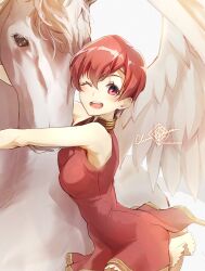 Rule 34 | 1girl, armpits, bare shoulders, blush, breasts, clear glass (mildmild1311), covered erect nipples, dress, est (fire emblem), fire emblem, fire emblem: mystery of the emblem, fire emblem echoes: shadows of valentia, highres, medium breasts, nintendo, one eye closed, open mouth, pegasus, pegasus wings, pink eyes, pink hair, red dress, red eyes, red hair, short dress, short hair, sleeveless, sleeveless dress, smile