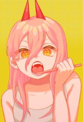 1girl bare_arms bare_shoulders brushing_teeth chainsaw_man chromatic_aberration collarbone commentary_request cross-shaped_pupils demon_girl demon_horns double-parted_bangs downturned_eyes eyes_visible_through_hair hair_behind_ear hair_between_eyes hair_over_shoulder halftone halftone_background hand_up highres holding holding_toothbrush horns long_hair long_hair_between_eyes looking_at_viewer open_mouth orange_hair power_(chainsaw_man) red_horns reverse_grip simple_background solo symbol-shaped_pupils tank_top teeth tongue toothbrush upper_body white_tank_top yellow_background yellow_eyes yksm_oe