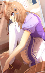 1girl absurdres almond_eye_(umamusume) animal_ears blue_eyes brown_hair brown_shoes colored_inner_hair commentary from_side hair_ornament hairband hairclip highres horse_ears horse_girl horse_tail jagili_noe loafers long_hair looking_at_viewer looking_to_the_side multicolored_hair puffy_short_sleeves puffy_sleeves purple_serafuku purple_shirt sailor_collar sailor_shirt school_uniform serafuku shirt shoes short_sleeves sitting solo tail thighhighs tracen_school_uniform umamusume v white_hairband white_thighhighs