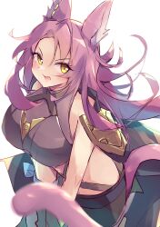 1girl absurdres animal_ears blush breasts cat_ears cat_girl cat_tail duel_monster highres kanzakietc large_breasts long_hair midriff open_mouth pink_hair smile solo tail tri-brigade_ferrijit_the_barren_blossom yellow_eyes yu-gi-oh!