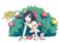 1girl all_fours atsumi_yoshioka beanie black_hair bush closed_mouth comfey commentary_request eyelashes flower frown gen_7_pokemon hat leaf medium_hair nintendo pokemon pokemon_(creature) pokemon_sm red_hat selene_(pokemon) shirt short_sleeves tied_shirt white_background yellow_shirt