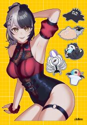1girl absurdres adapted_costume arm_support arm_up armpits black_hair black_leotard black_nails breasts grey_hair hazel_(hzlform) highres hololive hololive_english leotard looking_at_viewer multicolored_hair multicolored_leotard novelites_(shiori_novella) o-ring o-ring_thigh_strap open_mouth red_leotard shiori_novella shiori_novella_(casual) split-color_hair thigh_strap two-tone_hair two-tone_leotard virtual_youtuber yellow_eyes yorick_(shiori_novella)