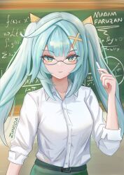 1girl absurdres alternate_costume aqua_hair aqua_pupils artist_name belt chalk chalkboard character_name commentary dress_shirt english_commentary english_text faruzan_(genshin_impact) genshin_impact glasses green_belt green_eyes hair_ornament hand_up highres holding holding_chalk long_hair looking_at_viewer math multicolored_eyes parted_lips shirt solo symbol-shaped_pupils triangle-shaped_pupils tsurime twintails two-tone_eyes upper_body white_shirt x_hair_ornament zunoda