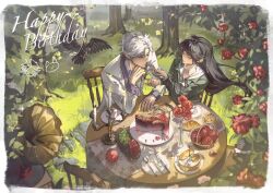 1boy 1girl apple bird birthday_cake black_bird black_hair border breasts cake candlestand collared_shirt crow cup feeding flower food fork from_above fruit fruit_basket grapes grey_hair grey_jacket hair_between_eyes happy_birthday head_on_hand highres hood hood_down hoodie jacket knife long_hair love_and_deepspace medium_breasts outdoors phonograph protagonist_(love_and_deepspace) red_flower scone shirt short_hair sitting spoon sylus_(love_and_deepspace) table teacup tree vase white_border white_hoodie white_jacket yibai0419