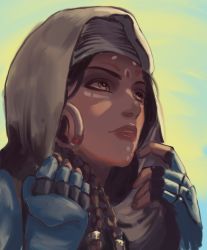 1girl bedouin_pharah blue_background braid brown_eyes brown_lips dark-skinned_female dark_skin day derivative_work earrings eyeliner facial_mark female_focus fingerless_gloves gloves green_background green_sky hair_tubes highres hijab hoop_earrings jewelry lips lipstick long_hair looking_away looking_up makeup nose official_alternate_costume outdoors overwatch overwatch_1 parted_lips pharah_(overwatch) portrait side_braids sky solo white_hijab