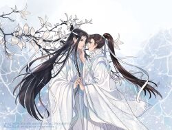 Rule 34 | 2boys, alternate costume, artist name, bishounen, black eyes, black hair, branch, brown hair, chinese clothes, closed mouth, commentary, couple, english commentary, eye contact, face-to-face, flower, from side, hair ribbon, hand on another&#039;s chin, hand up, hanfu, headband, high ponytail, holding hands, lan wangji, long hair, long sleeves, looking at another, male focus, minataka94, modao zushi, multiple boys, ponytail, profile, ribbon, robe, smile, snow, snowing, standing, topknot, tree, upper body, very long hair, watermark, wei wuxian, white flower, white hanfu, white headband, white ribbon, white theme, wide sleeves, xiao guan (headdress), yaoi, yellow eyes