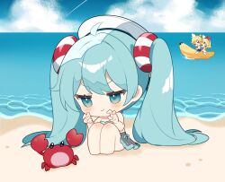 Rule 34 | 1boy, 2girls, ahoge, barefoot, beach, bikini, blonde hair, blue bikini, blue eyes, blue hair, blue sky, blush, chibi, chibi only, closed mouth, cloud, commentary, crab, day, full body, hat, hatsune miku, highres, kagamine len, kagamine rin, knees up, lifebuoy hair ornament, long hair, multiple girls, ocean, outdoors, sand, sitting, sky, smile, solo focus, swimsuit, symbol-only commentary, twintails, v-shaped eyebrows, vocaloid, white hat, yuni (irohasuiroiro)