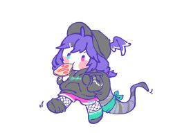 Rule 34 | 1girl, alternate costume, archived source, babbinggui, backpack, bag, black hat, black hoodie, blue eyes, blush stickers, bread, bread slice, chibi, fishnet pantyhose, fishnets, food, hair ornament, hairclip, hat, head wings, heterochromia, highres, hood, hoodie, long hair, mouth hold, nijisanji, nijisanji en, pantyhose, pink eyes, pink shorts, purple hair, selen tatsuki, shorts, simple background, solo, tail, third-party source, virtual youtuber, walking, white background, wings