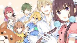 &gt;:d 3boys 4girls :d ;3 ;d ahoge akizuki_kouyou amano_miu animal annoyed apron aqua_dress arm_hug arms_at_sides black_apron black_hair blend_s blonde_hair blue_dress blue_eyes blunt_bangs braid breasts brown_hair closed_mouth collarbone collared_dress collared_shirt dino_(blend_s) dog dot_nose dress everyone expressionless eye_contact floating_hair frilled_apron frilled_cuffs frilled_shirt_collar frilled_sleeves frills gloves hair_between_eyes hair_ornament hair_over_one_eye hand_up handheld_game_console hands_up headscarf highres hinata_kaho hoshikawa_mafuyu hug jewelry jitome kanzaki_hideri large_breasts long_hair looking_at_another looking_at_viewer looking_down looking_up low_twintails multiple_boys multiple_girls nakayama_miyuki necklace nose official_art official_wallpaper one_eye_closed open_mouth order_(blend_s) outline own_hands_together palms_together photobomb pink_background pink_dress pink_hair pleated_dress pom_pom_(clothes) puffy_short_sleeves puffy_sleeves purple_dress purple_eyes purple_hair sakuranomiya_maika shirt short_hair short_sleeves silver_hair sleeve_cuffs smile star_(symbol) star_symbol_background stile_uniform sweat tareme teeth trap tsurime twin_braids twintails upper_teeth_only v v-shaped_eyebrows waist_apron wavy_mouth white_apron white_gloves white_headscarf white_outline white_shirt yellow_dress
