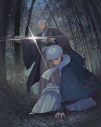 Rule 34 | 2boys, absurdres, cheekbones, closed mouth, drawing sword, dusk, emiya shirou, facial hair, fate (series), forest, glint, goatee, highres, holding, holding sword, holding weapon, japanese clothes, long sleeves, male focus, multiple boys, nature, old, old man, outdoors, parted lips, senji muramasa (fate), short hair, sword, weapon, white hair, wide sleeves, yagyuu munenori (fate), yorunue ro