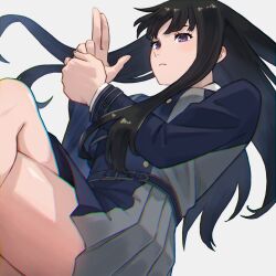 1girl arm_belt belt belt_buckle black_hair breasts buckle choppy_bangs chromatic_aberration clenched_hand closed_mouth cowboy_shot crossed_legs dress finger_gun floating_hair highres inoue_takina ito_yoshi large_breasts long_hair long_sidelocks long_sleeves looking_at_viewer lycoris_recoil lycoris_uniform multicolored_dress own_hands_together pleated_dress purple_eyes serious sidelocks simple_background solo thighs white_background