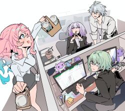 2boys 2girls anaxa_(honkai:_star_rail) aqua_eyes aqua_hair black_skirt black_vest breasts castorice_(honkai:_star_rail) computer_keyboard cup disposable_cup dromas_(honkai:_star_rail) eyepatch green_hair hashtag-only_commentary highres honkai:_star_rail honkai_(series) hyacine_(honkai:_star_rail) id_card indoors long_hair medium_breasts mimlmi monitor multicolored_hair multiple_boys multiple_girls office office_lady open_mouth pencil_skirt phainon_(honkai:_star_rail) pink_hair plant potted_plant shirt short_hair skirt twintails two-tone_hair vest white_hair white_shirt