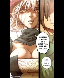 1boy 1girl absurdres artist_name black_dress breasts brown_hair cleavage collarbone dragina_(senukin) dress green_jacket highres horns jacket large_breasts looking_at_viewer multiple_scars original parted_lips pointy_ears red_horns scar scar_across_eye scar_on_face scar_on_mouth senukin short_hair speech_bubble talking two-tone_dress white_dress white_hair yellow_eyes