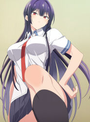 1girl absurdres anime_screenshot between_breasts black_skirt breasts closed_mouth collared_shirt colored_inner_hair female_focus hair_ribbon haite_kudasai_takamine-san hand_on_own_hip highres kneehighs large_breasts long_hair looking_at_viewer multicolored_hair necktie necktie_between_breasts pleated_skirt purple_hair red_eyes red_necktie ribbon school_uniform shirt short_sleeves skirt socks solo stitched takamine_takane third-party_edit very_long_hair white_ribbon white_shirt